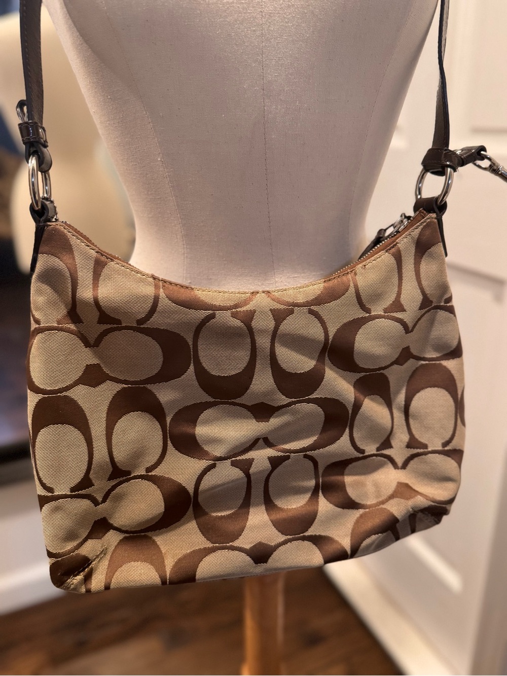 COACH Brown Signature Canvas Shoulder Bag with Buckle Accent - Picture 3 of 5